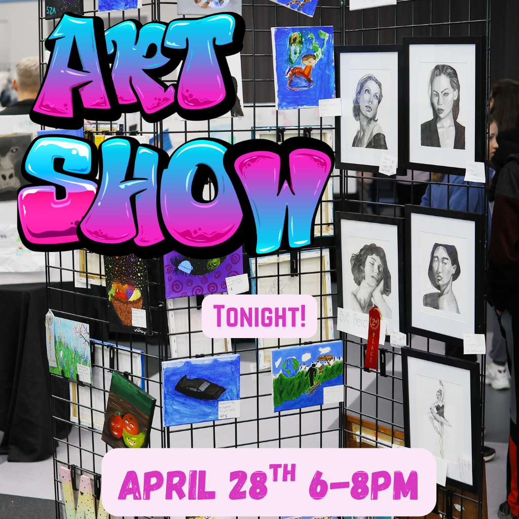 ## Alt Text  A promotional graphic for an **"ART SHOW"** featuring large, bubble-style graffiti text in vibrant teal and pink gradients. The background shows various student artworks, including charcoal portraits, colorful paintings of landscapes, and fruit, displayed on black wire mesh racks. A small white banner in the center reads **"TONIGHT!"** and a larger pink banner at the bottom states **"APRIL 28TH 6–8PM"**. One charcoal portrait of a woman is highlighted with a red **"2nd PLACE"** ribbon.