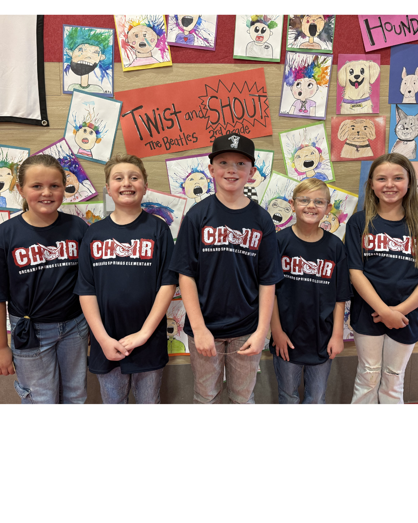 Group of choir students in matching choir shirts standing in front of artwork, titled Twist and Shout, made for the Choir concernt. 