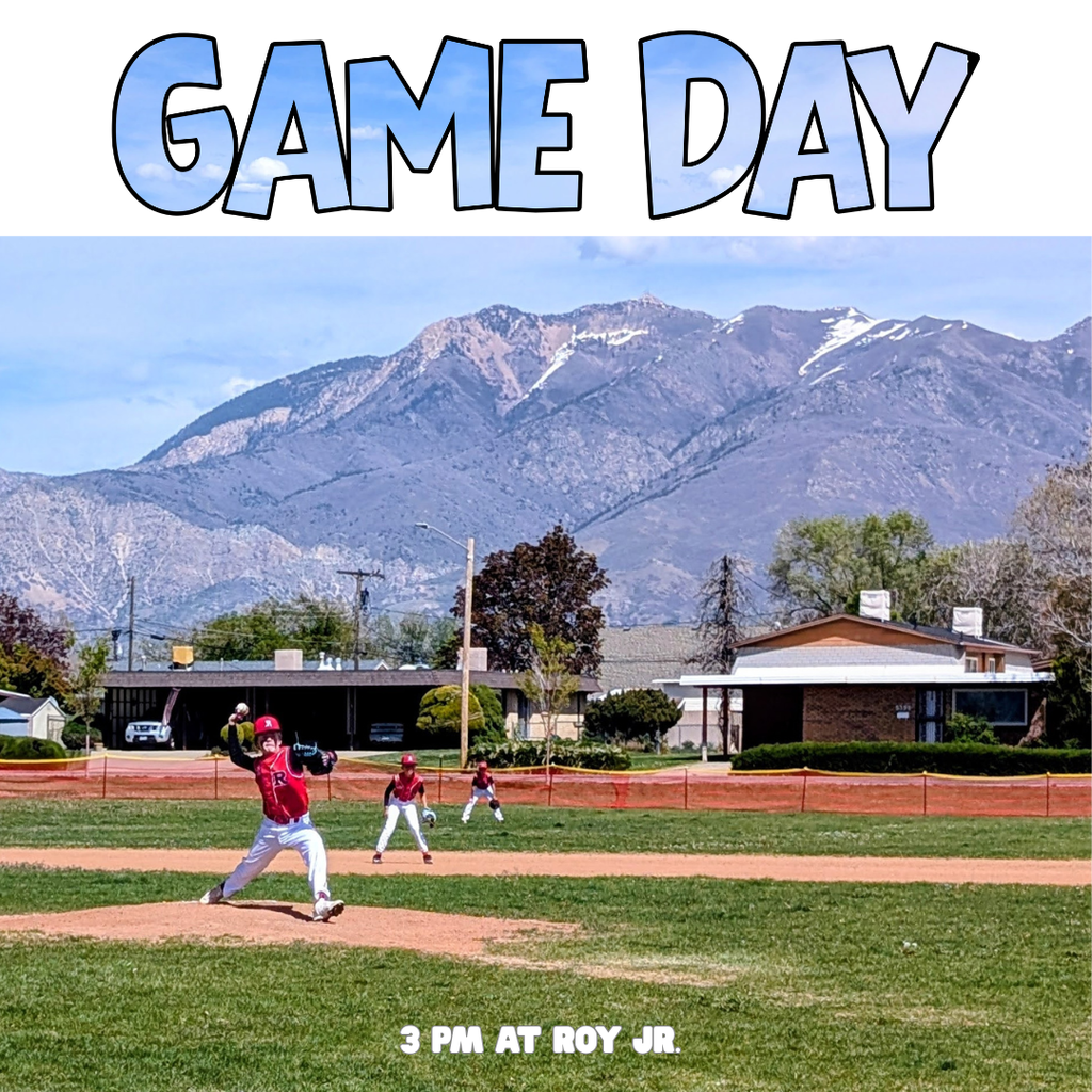 photo of Roy jr pitcher throwing a pitch at a baseball game. GAME DAY 3 pm at Roy Jr
