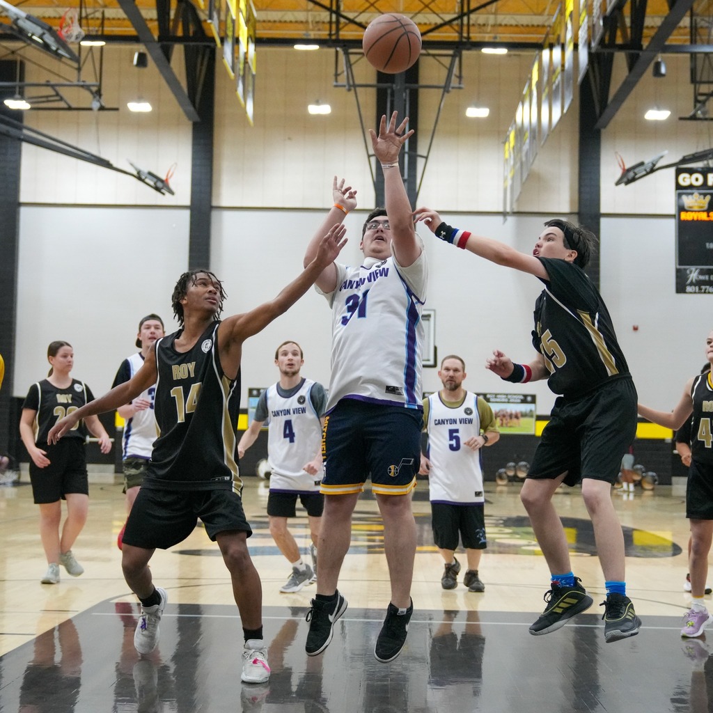 Unified basketball athletes playing.A high-action moment during the game where a Canyon View player in a white jersey (number 31) jumps high for a layup. Two Roy High players in black and gold jerseys (numbers 14 and 15) jump alongside him in a friendly defensive effort.
