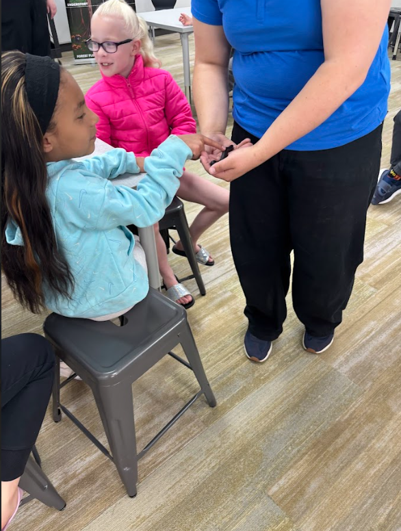 A young girl in a light blue Nike hoodie sits on a gray stool and reaches out to touch a small, dark animal held in the hands of a presenter in black pants and a blue shirt. Another girl in a bright pink puffer jacket watches behind her.