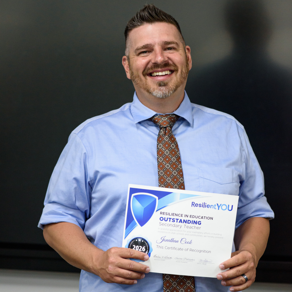 Photographs of Mr Cook receiving a 2026 Resilience in Education Award as Utah’s Outstanding Secondary Teacher, presented by ResilientYOU.