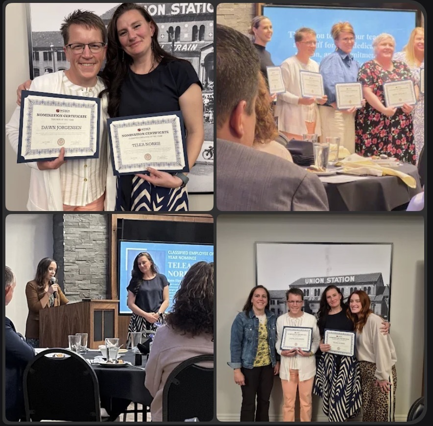 A photo collage containing four separate images celebrating two school award nominees.  Image 1 (Top Left): A close-up, smiling photo of two women, Dawn Jorgensen and Telea Norris, posing together with their awards. Dawn Jorgensen holds a "NOMINATION CERTIFICATE: Teacher of the Year" certificate. Telea Norris holds a "NOMINATION CERTIFICATE: Classified Employee of the Year" certificate. The background features a black-and-white picture of "UNION STATION" and a "TRAIN."  Image 2 (Top Right): A medium shot of several women standing on a stage at an awards ceremony, holding framed certificates. Their faces are joyful. The view is partially obscured by the back of an attendee’s head (a man in a grey suit) in the foreground. In the background, a large monitor displays the text: "Thank you to our teacher, [name obscured], and all our staff for your dedication, dedication, and commitment."  Image 3 (Bottom Left): A medium shot of an awards presentation in a dining room. A woman is at a podium on the left, speaking into a microphone. Telea Norris stands centered on the stage, listening. A large monitor to the right displays: "CLASSIFIED EMPLOYEE OF THE YEAR NOMINEE: TELEA NORRIS." Attendees, partially obscured, sit at tables in the foreground.  Image 4 (Bottom Right): A group photo of four women smiling and posing together in front of the "UNION STATION" framed artwork seen in Image 1. Dawn Jorgensen (wearing a white cardigan and coral pants) and Telea Norris (wearing a black top and a black/white patterned skirt) are in the center, holding their nomination certificates. They are joined by a woman in a denim jacket on the left and a woman in an animal-print skirt and sweatshirt on the right.