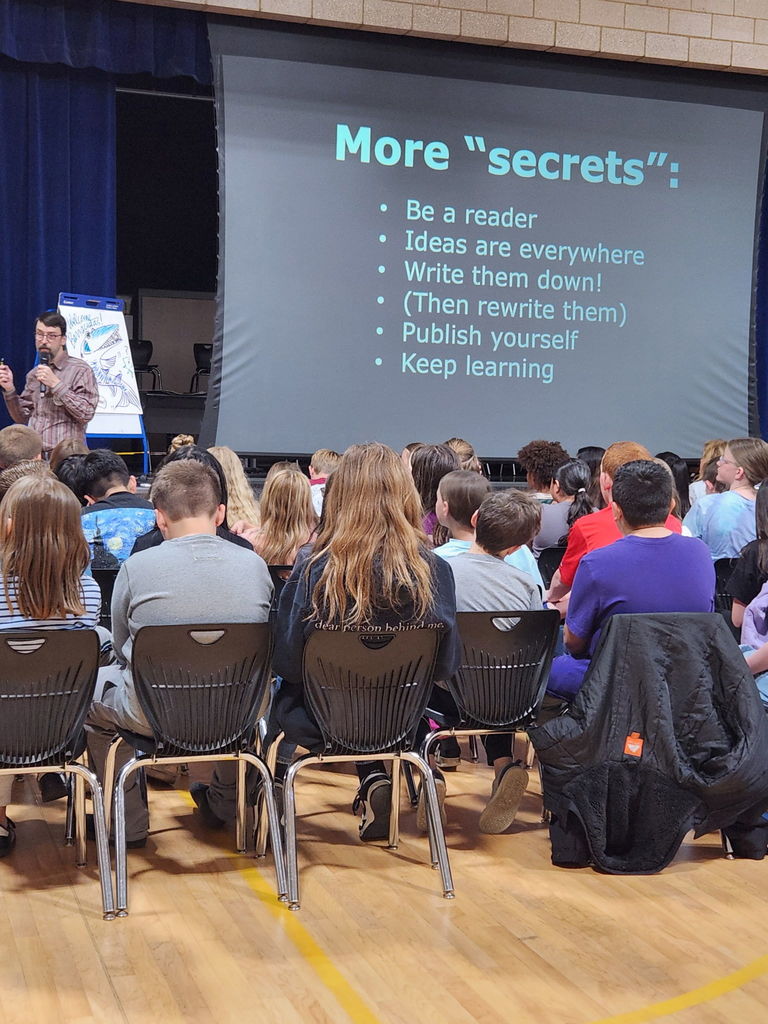 Author Keir Graff Presenting to students at Burch Creek Elementary. 