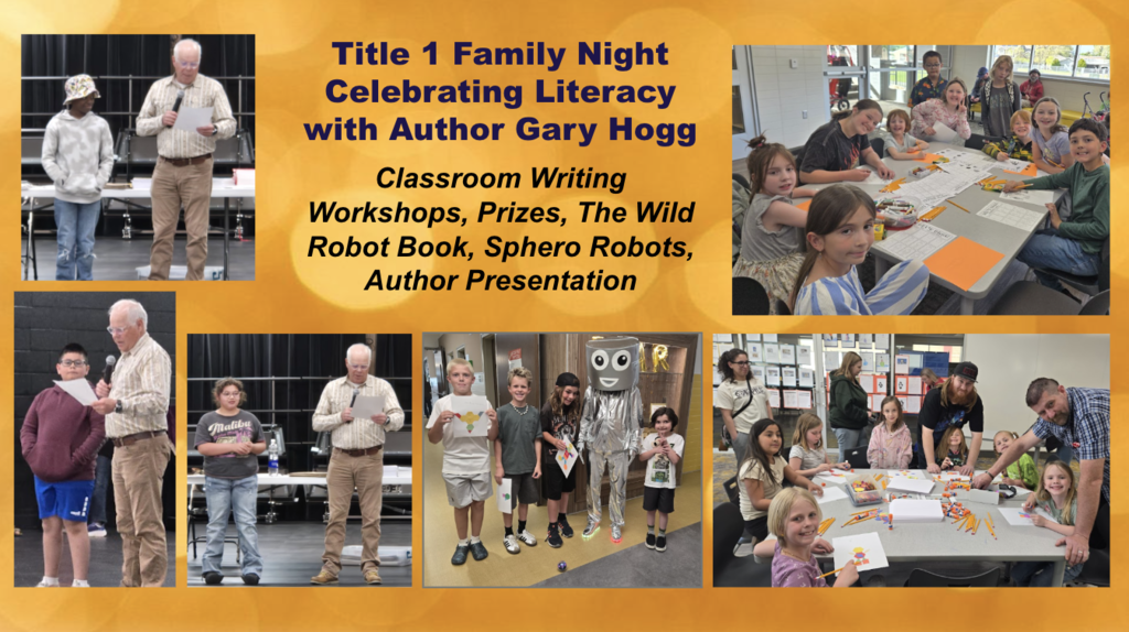 different activities at the title 1 family night with Author Gary Hogg- classroom writing workshops, prizes, the wild robot book, sphero robots, and author prestenations