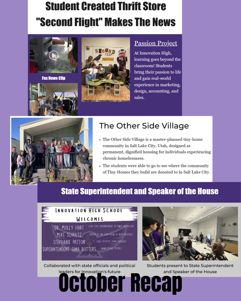 Students launched their passion project Second Flight Thrift — and were even featured on the news 📺 • Our Construction class visited The Other Side Village to see real-world impact and the homes they’ve helped inspire 🛠️ • We welcomed the State Superintendent and Speaker of the House to Innovation to see our model in action