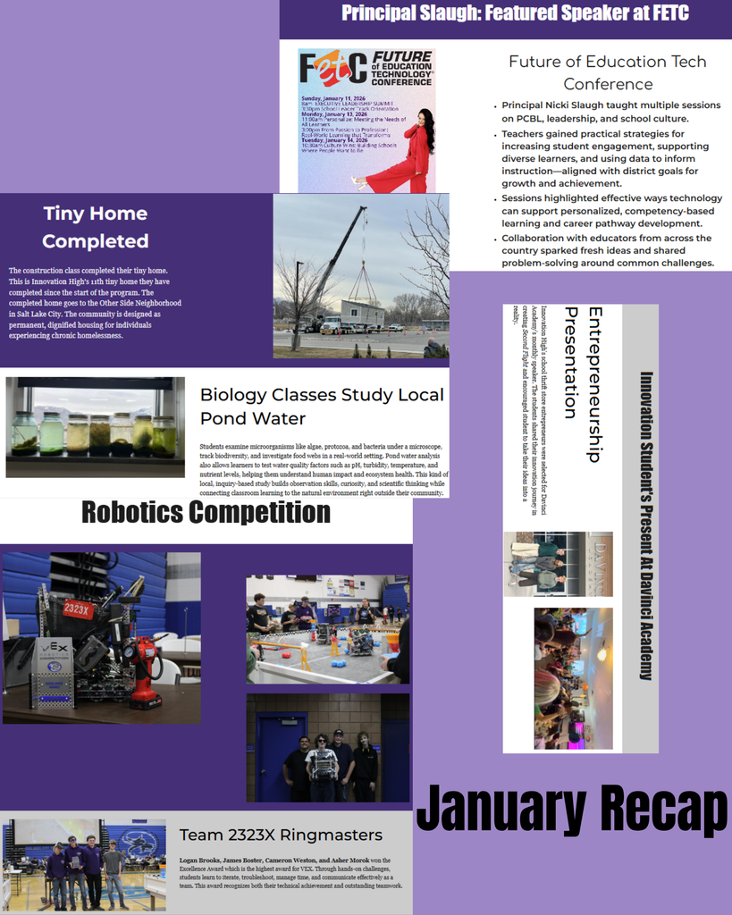 • Our Tiny Home project was officially completed 🏡 • Principal Slaugh represented Innovation as a speaker at FETC 🎤 • Biology students explored pond water through hands-on investigation 🔬 • Robotics Team 2323X earned the Excellence Award — the highest honor in VEX 🤖🏆 • Second Flight Thrift students presented their work at Davinci Academy