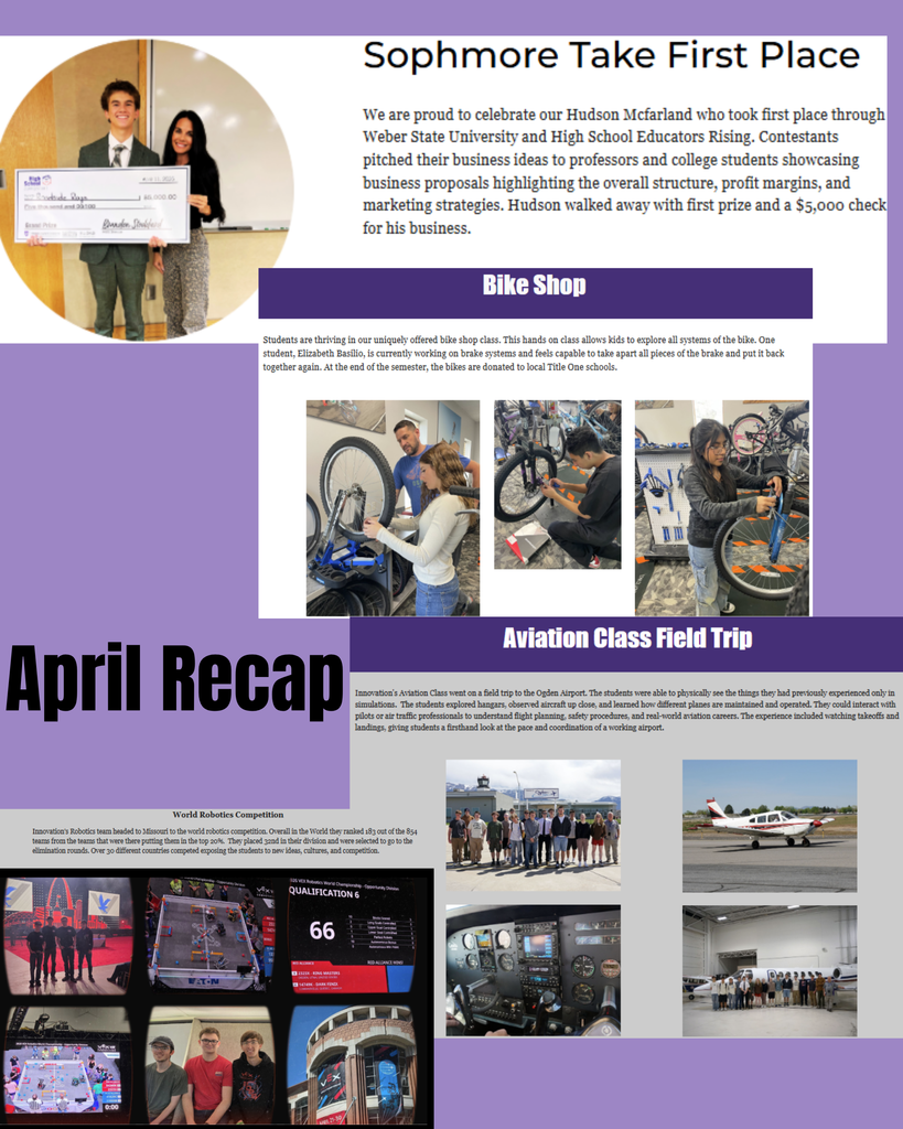 • Bike Shop class projects in full swing 🚲 • Aviation class took learning to new heights on a field trip ✈️ • Robotics represented Innovation at WORLDS 🤖🌎 • A sophomore earned 1st place in the Educators Rising Business Proposal competition 🏆