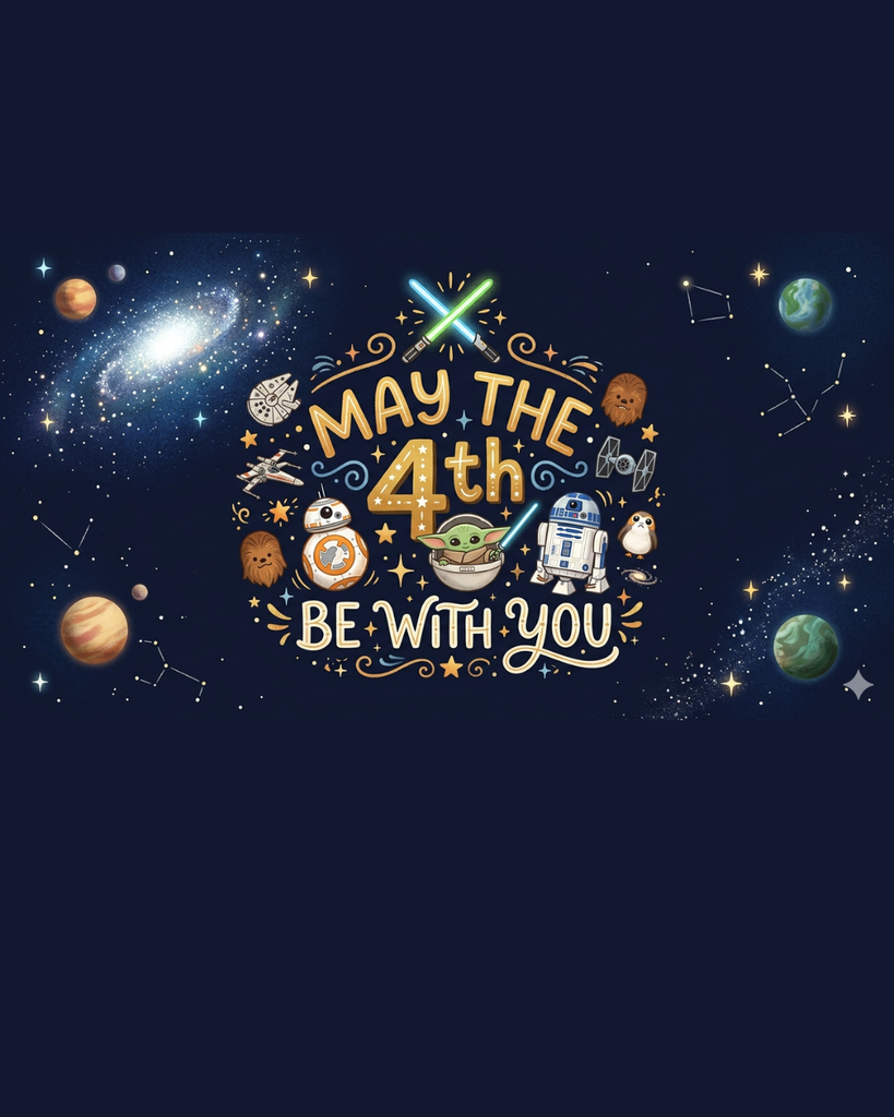 Graphic designed, space themed. saying....May the 4th Be With You! 
