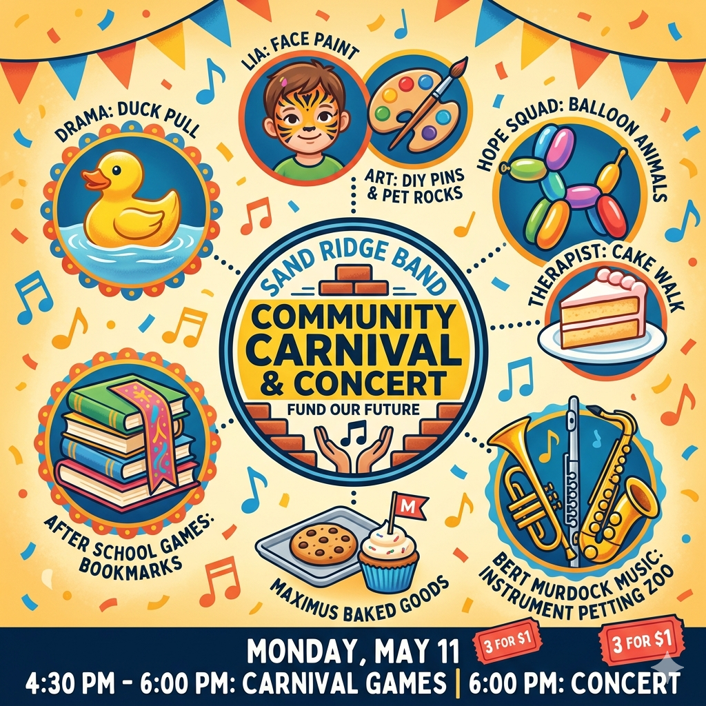It Takes a Village! Meet our Carnival Partners Our Community Carnival isn't just a band event—it’s a school-wide celebration! We are so grateful to the amazing student groups and staff who are hosting booths to make this night unforgettable. Check out what’s waiting for you on the field: Band: Visit us for a DIY instrument kit. Orchestra & Guitar: Try out a string instrument. Drama: Test your luck with the Duck Pull. Art: Get creative with DIY pins or pet rocks. LIA: Face painting. Hope Squad: Balloon animals School Therapist: Cake Walk. Student Clubs: Design your own custom bookmarks. Maximus's Baked Goods: Enjoy some delicious treats. Bert Murdock Music: Visit the Instrument Petting Zoo to try out a trumpet, flute, or sax for the first time!
