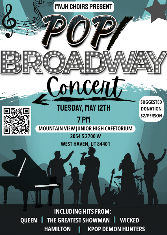 Pop Broadway Concert 🎤✨  Get ready for an unforgettable night of music at our Pop Broadway Concert!  📅 Date: Tuesday, May 12 ⏰ Time: 7:00 PM 📍 Location: Mountain View Jr. High  Enjoy an exciting lineup of performances featuring hits from:  Queen The Greatest Showman Wicked Hamilton K-Pop Demon Hunters  🎟 Suggested Donation: $2 per person  Come support our talented students and enjoy a night filled with energy, music, and fun. We can’t wait to see you there!