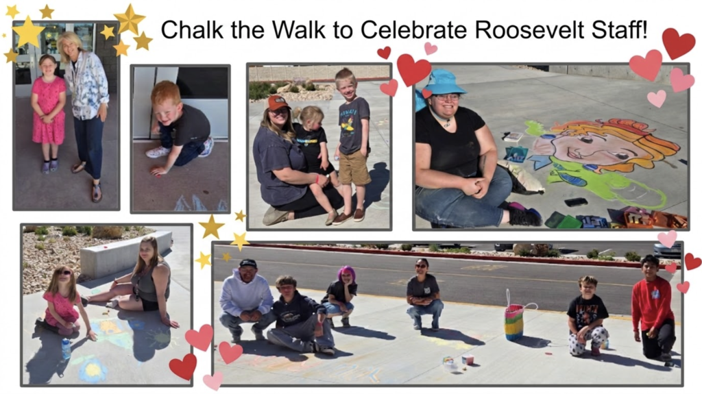Chalk the walk to celebrate Roosevelt Staff- students and parents decorating the sidewalks