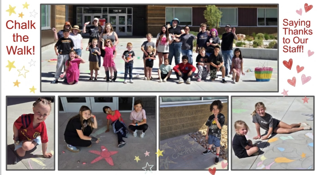 Chalk the walk! Saying thanks to our staff. Students, parents, and staff decoration the sidewalks outside of Roosevelt Elementary