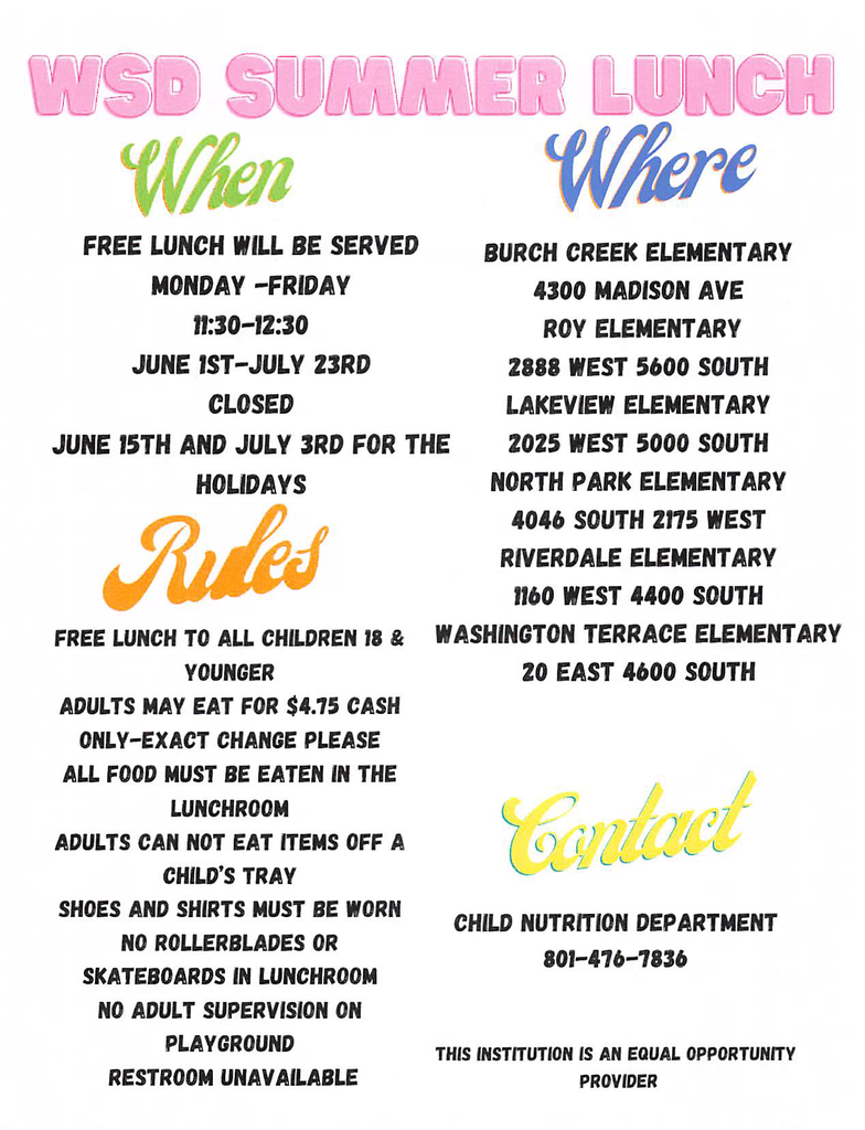 Summer Lunch Flyer Call the school for details