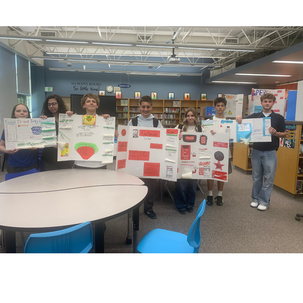 Health Students created Sugar Shocker Boards. Students were SHOCKED to discover how much sugar is in some of their favorite foods. Students researched the adverse effects of too much sugar on overall health. They found out the recommended limit of sugar per day (6 tsp for females and children, 9 for men) and how much the average American eats per day (22 tsps.). Each group created a display board with the amount of sugar per serving and per container for some favorite treats. Did you know one Mountain Dew has 3 days worth of sugar!? 