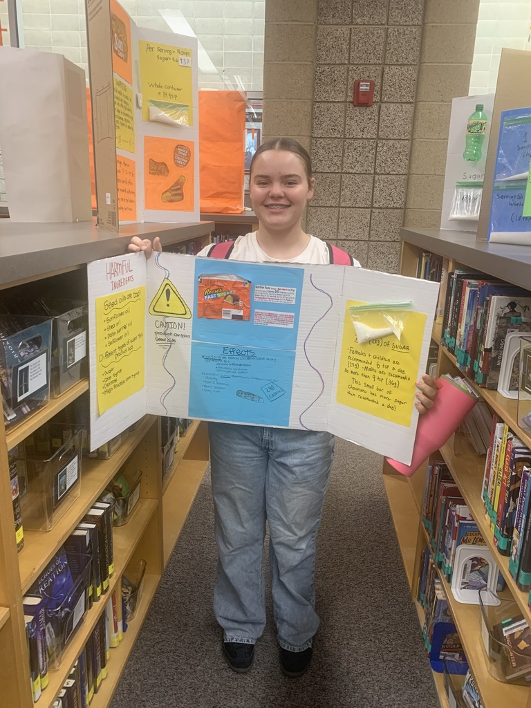 Health Students created Sugar Shocker Boards. Students were SHOCKED to discover how much sugar is in some of their favorite foods. Students researched the adverse effects of too much sugar on overall health. They found out the recommended limit of sugar per day (6 tsp for females and children, 9 for men) and how much the average American eats per day (22 tsps.). Each group created a display board with the amount of sugar per serving and per container for some favorite treats. Did you know one Mountain Dew has 3 days worth of sugar!? 