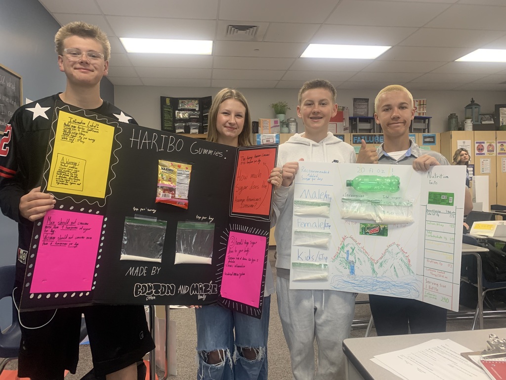 Health Students created Sugar Shocker Boards. Students were SHOCKED to discover how much sugar is in some of their favorite foods. Students researched the adverse effects of too much sugar on overall health. They found out the recommended limit of sugar per day (6 tsp for females and children, 9 for men) and how much the average American eats per day (22 tsps.). Each group created a display board with the amount of sugar per serving and per container for some favorite treats. Did you know one Mountain Dew has 3 days worth of sugar!? 