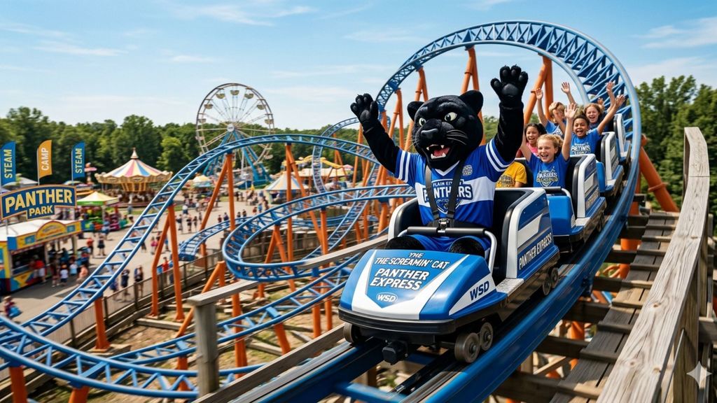 panther mascot riding on roller coaster with students