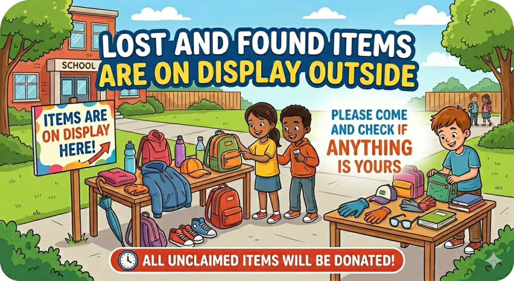 Lost and Found items are on display outside! Please come and check if anything is yours before they are donated!