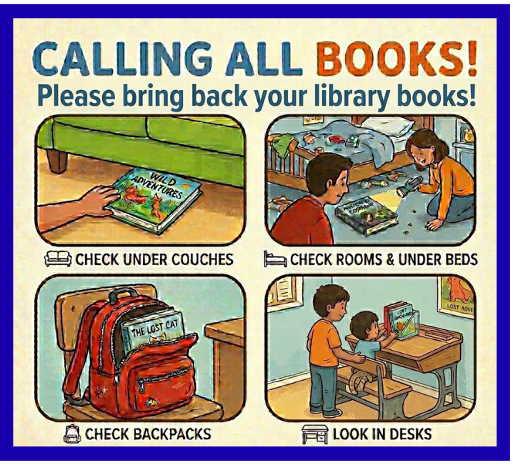 An informational graphic illustration with the large title text, 'CALLING ALL BOOKS!', followed by smaller text, 'Please bring back your library books!'. The graphic shows four cartoon squares with advice on where to look for library books.  The first square, titled 'CHECK UNDER COUCHES': A person’s hand is reaching under a green couch to grab a blue book. Text on the book cover reads 'WILD ADVENTURES'.  The second square, titled 'CHECK ROOMS & UNDER BEDS': A parent and child are searching a messy bedroom. The parent uses a flashlight to look under a bed. A brown book is on the floor with text on its cover, 'ALONE IN THE WORLD'.  The third square, titled 'CHECK BACKPACKS': A red backpack is sitting on a wooden school desk, with a blue book partially inside. Text on the book cover is 'THE LOST CAT'.  The fourth square, titled 'LOOK IN DESKS': Two young boys are searching inside their wooden school desks. Three green, red, and blue books are standing in a clear holder, and text on their spines is 'LOST & FOUND'.