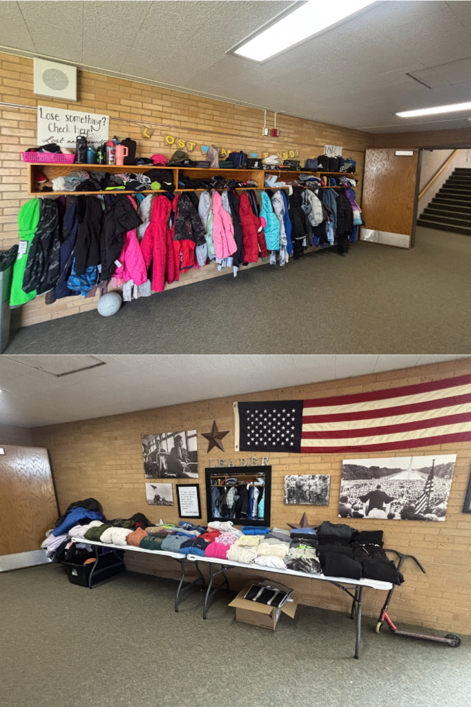 A photo collage of two pictures.  The top picture is of a coatsqnd hoodies hanging along a wall with water bottle s and lunch boxes line a shelf above.  The second picture on the bottom is of a table full of hoodies and coats. 