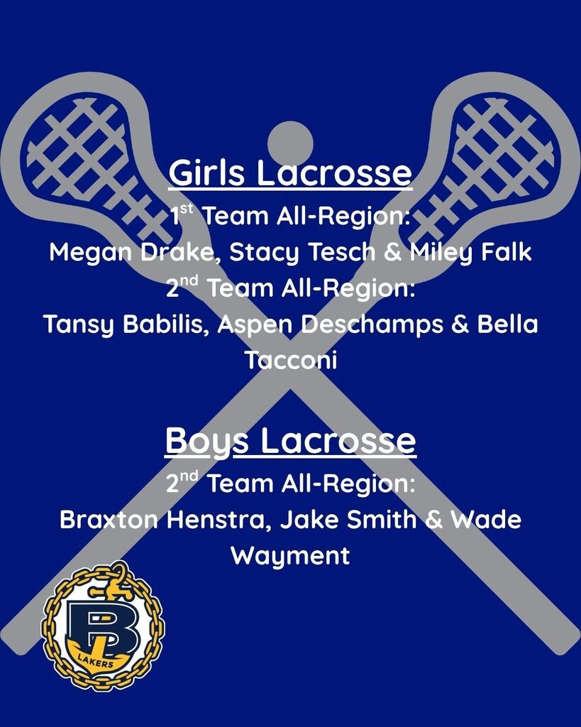 Girls Lacross 1st Team All-Region: Megan Drake, Stacy Tesch and Miley Falk 2nd Team All-Region: Tansy Babilis, Aspen Deschamps, Bella Tacconi Boys Lacrosse 2nd Team All-Region: Braxton Henstra, Jake Smith and Wade Wayment