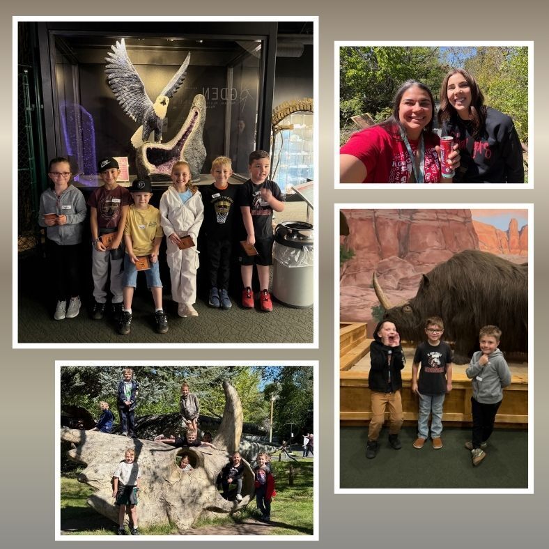 students by dinosaur bones