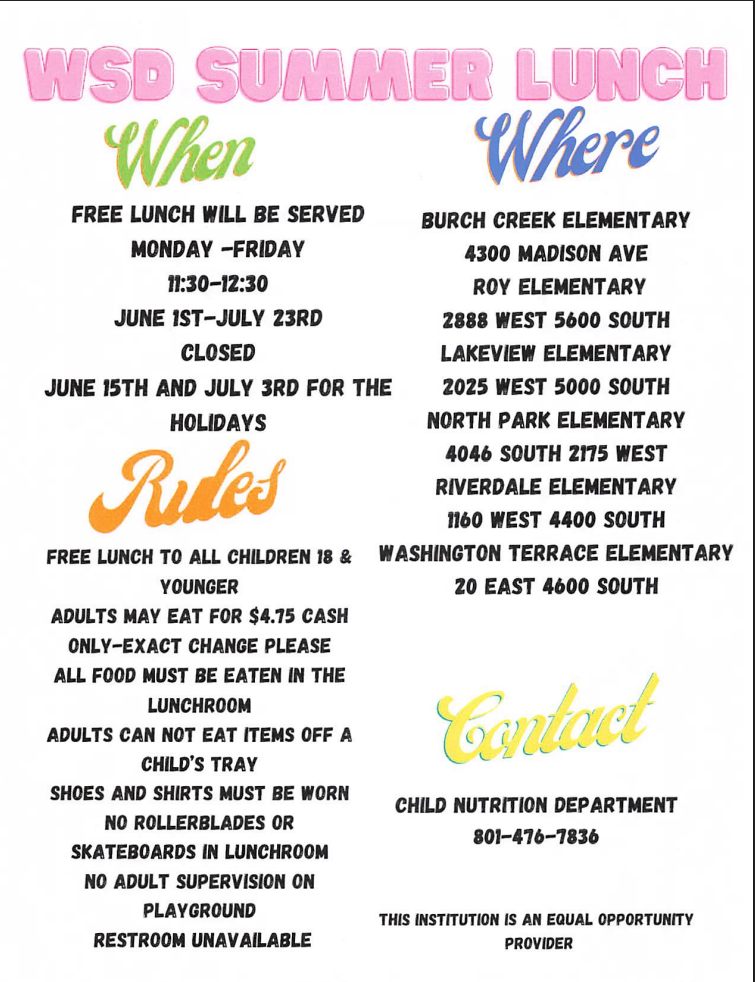 An informational flyer for the WSD Summer Lunch program. The text is organized into four main sections: "When," "Where," "Rules," and "Contact."  When Schedule: Monday – Friday, 11:30 AM – 12:30 PM.  Dates: June 1st – July 23rd.  Closures: Closed on June 15th and July 3rd for holidays.  Where Free lunch is served at the following elementary schools:  Burch Creek Elementary: 4300 Madison Ave  Roy Elementary: 2888 West 5600 South  Lakeview Elementary: 2025 West 5000 South  North Park Elementary: 4046 South 2175 West  Riverdale Elementary: 1160 West 4400 South  Washington Terrace Elementary: 20 East 4600 South  Rules Eligibility: Free lunch for all children 18 and younger.  Adults: May eat for $4.75 cash only (exact change required). Adults cannot eat items off a child’s tray.  Dining: All food must be eaten in the lunchroom.  Conduct: Shoes and shirts must be worn. No rollerblades or skateboards allowed in the lunchroom.  Facilities: No adult supervision on the playground and restrooms are unavailable.  Contact Department: Child Nutrition Department  Phone: 801-476-7836  Note: The flyer concludes with a statement: "This institution is an equal opportunity provider."