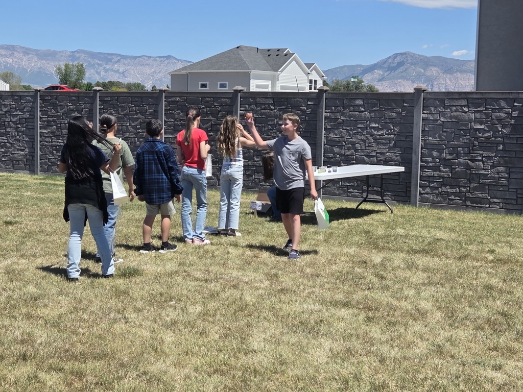 A line of children stand on a sunny lawn waiting their turn at an outdoor activity station. A white folding table sits near a dark grey stone-patterned fence, with a house and large mountains visible in the distance under a blue sky. One boy facing forward holds a small orange ball in the air.