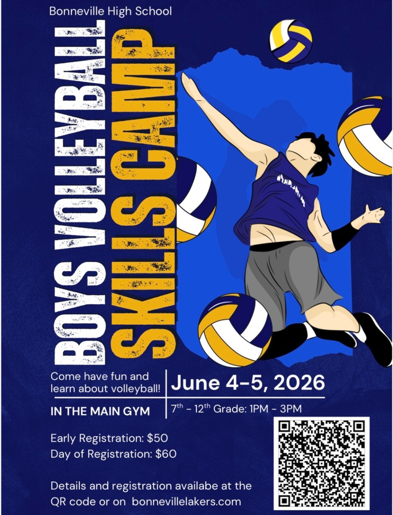 A vibrant sports promotional flyer for Bonneville High School titled "BOYS VOLLEYBALL SKILLS CAMP" in bold, textured yellow and white vertical text. The background is dark blue with a bright blue painted stroke texture behind an illustration of a male volleyball player in a purple jersey jumping mid-air to hit a volleyball. Multiple yellow, blue, and white volleyballs are scattered across the design. Camp Details: Tagline: "Come have fun and learn about volleyball!" Dates: June 4–5, 2026 Location: In the Main Gym Target Audience: 7th–12th Grade Time: 1:00 PM – 3:00 PM Registration & Cost: Early Registration: $50 Day of Registration: $60 How to Sign Up: A large QR code is provided in the bottom right corner. Text notes: "Details and registration available at the QR code or on bonnevillelakers.com".