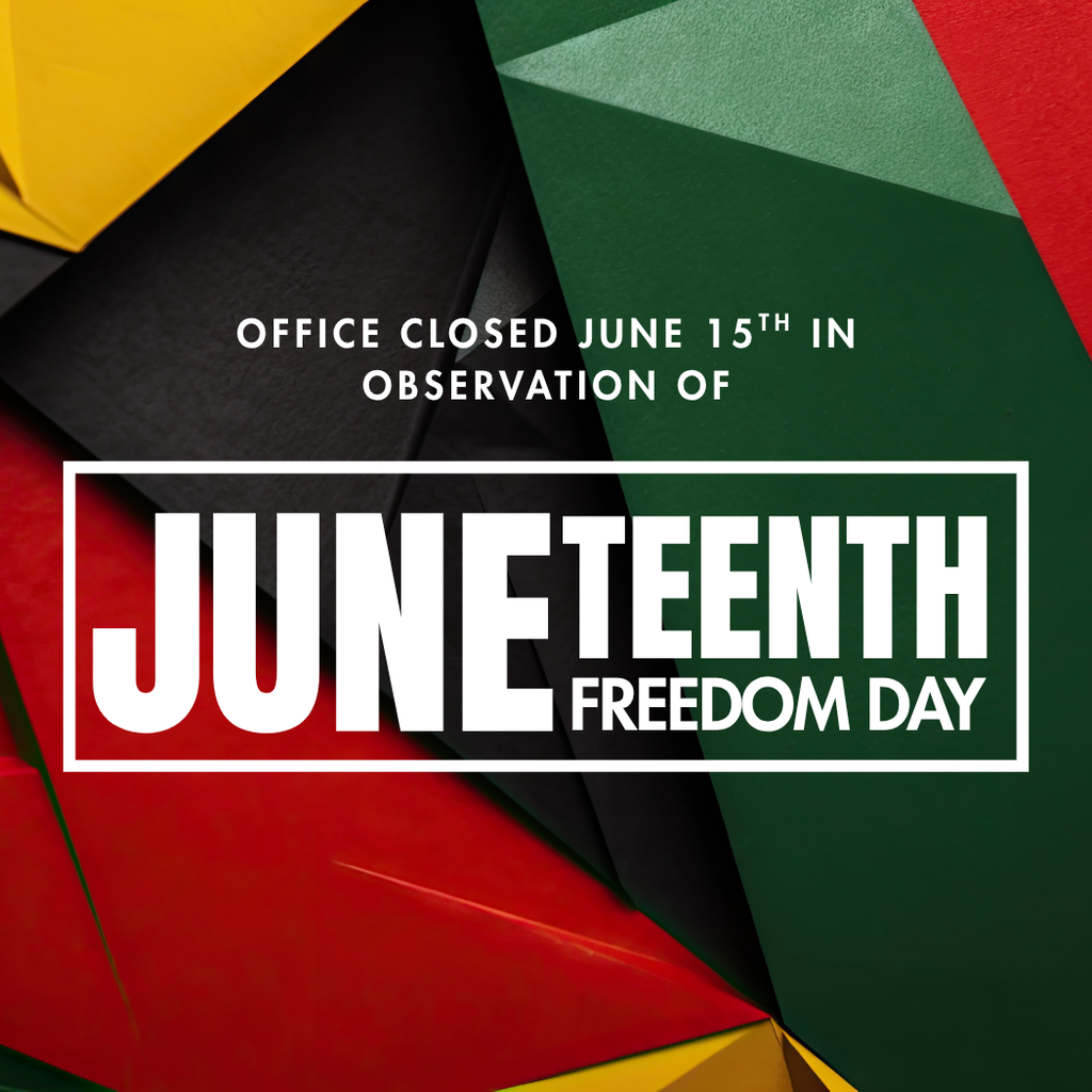 An announcement graphic with white text on an abstract, geometric background of folded paper textures in the Pan-African flag colors of black, red, green, and yellow. The text reads: "OFFICE CLOSED JUNE 15TH IN OBSERVATION OF JUNETEENTH FREEDOM DAY," with the word "JUNETEENTH" heavily stylized in a large, bold font enclosed within a thin white border box.