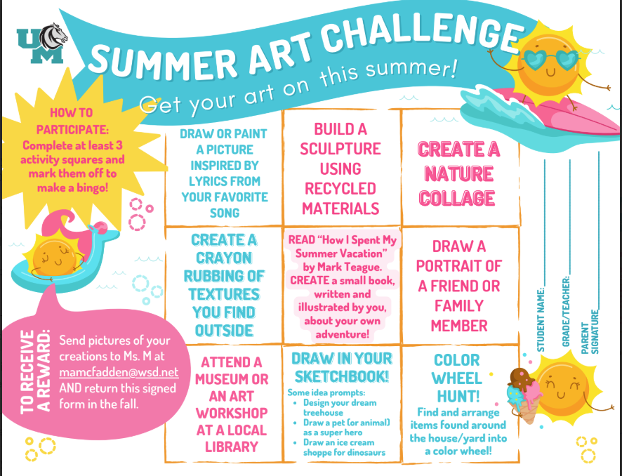 Looking for a fun, creative way to beat the summer boredom? Join our Summer Art Challenge!  It’s as easy as making a BINGO. Just complete at least 3 activity squares on the challenge board—like building a recycled sculpture, creating a nature collage, or drawing in your sketchbook!  🏆 How to earn your reward in the fall:  Complete your 3 squares to make a BINGO.  Snap pictures of your amazing creations and email them to Ms. M at mamcfadden@wsd.net.  Keep your challenge form, get a parent signature, and return it when we head back to school!  Check your student folders or grab a copy from the main office to start creating. We can’t wait to see your masterpieces! 👩‍🎨👨‍🎨  #UintahElementary #SummerArtChallenge #CreativeKids #UMArts #SummerBingo