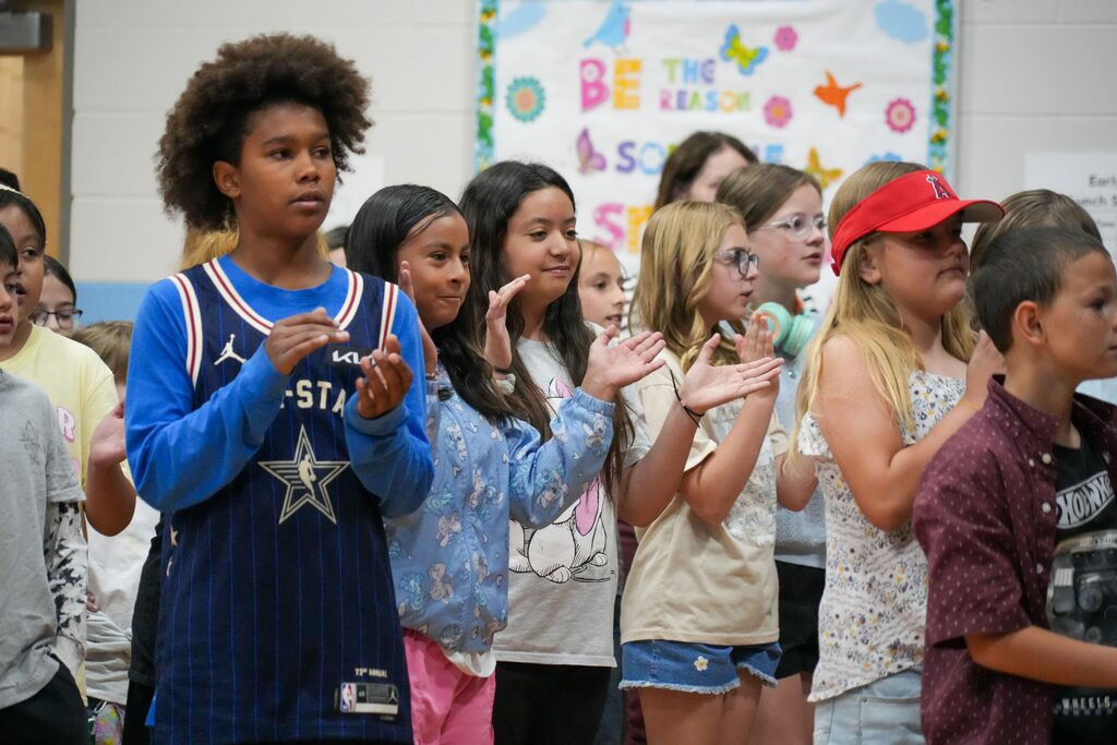 Students performing at Burch Creek Elementary's America's 250th Birthday Assembly. 