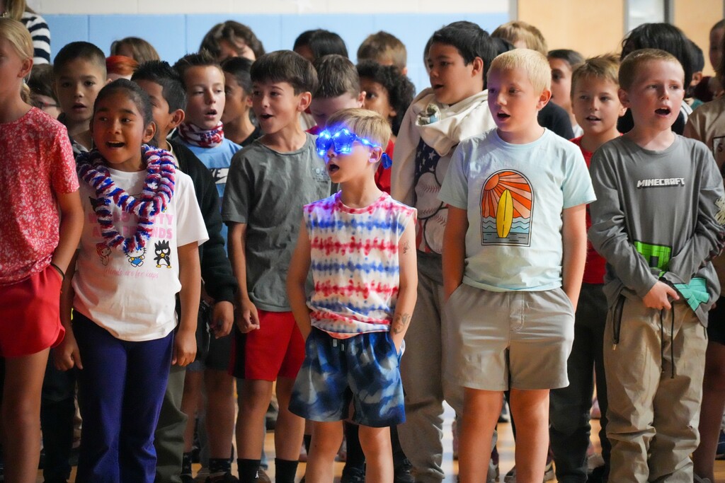 Students performing at Burch Creek Elementary's America's 250th Birthday Assembly. 