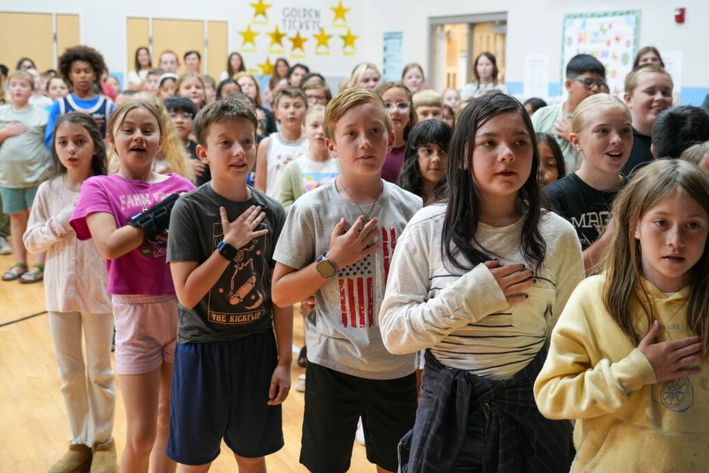 Students performing at Burch Creek Elementary's America's 250th Birthday Assembly. 