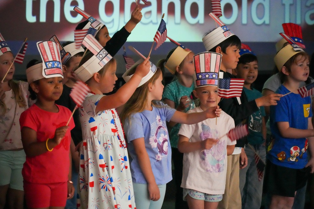 Students performing at Burch Creek Elementary's America's 250th Birthday Assembly. 