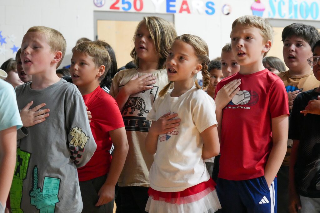 Students performing at Burch Creek Elementary's America's 250th Birthday Assembly. 