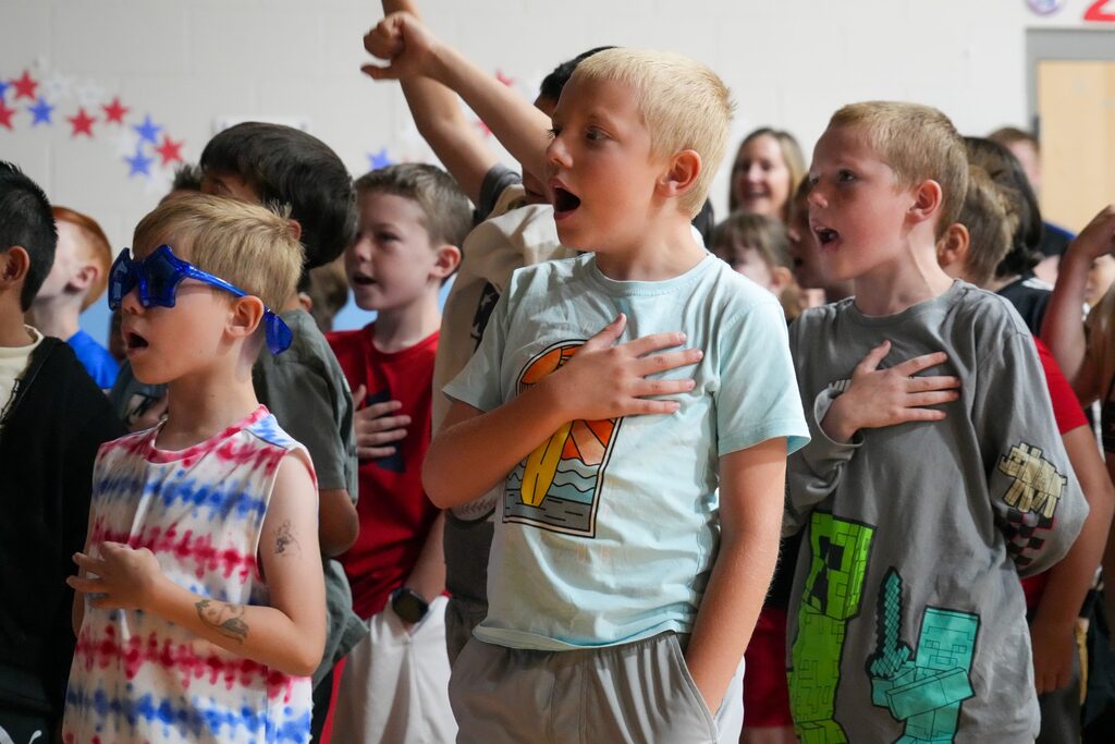 Students performing at Burch Creek Elementary's America's 250th Birthday Assembly. 