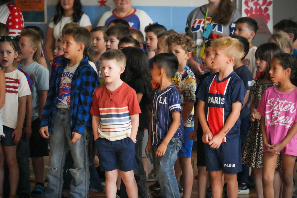 Students performing at Burch Creek Elementary's America's 250th Birthday Assembly. 