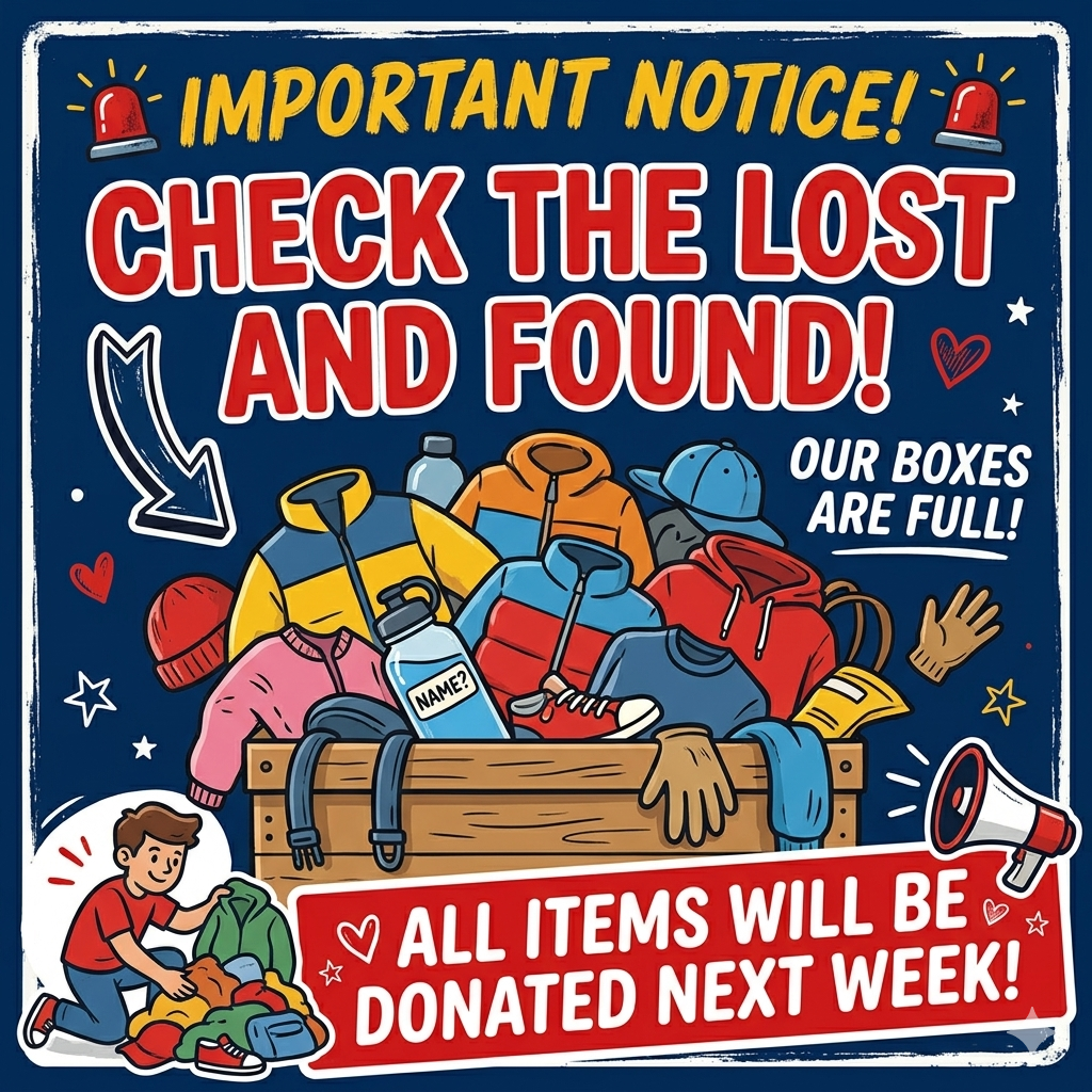 important notice check the lost and found our boxes are full all itmes will be donated next week