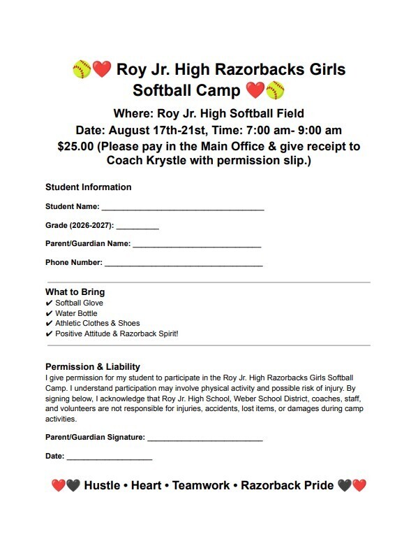 permission slip for softball summer camp