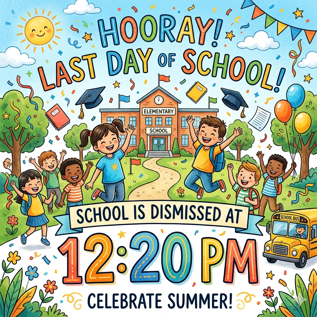 A vibrant and cheerful cartoon illustration celebrating the last day of school. In the center background stands a red brick school building labeled "ELEMENTARY SCHOOL" with a path leading forward. A group of diverse, smiling school children are shown jumping and cheering on a green lawn. The scene is filled with festive elements like a smiling sun, colorful bunting banners, balloons, falling confetti, floating notebooks, and graduation caps tossed into the air. A classic yellow school bus is visible in the bottom-right corner. Text Details: Top Header: "HOORAY! LAST DAY OF SCHOOL!" written in large, playful multicolored letters. Middle Banner: "SCHOOL IS DISMISSED AT 12:20 PM" with the time emphasized in large, colorful numbers. Bottom Footer: "CELEBRATE SUMMER!" in dark blue capital letters.