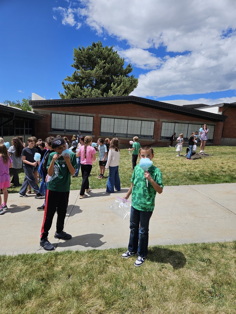 Two young boys stand on a sidewalk in front of the school building, each holding a large cone of fluffy blue cotton candy. Other students are in the background enjoying their treats on a bright, sunny day.