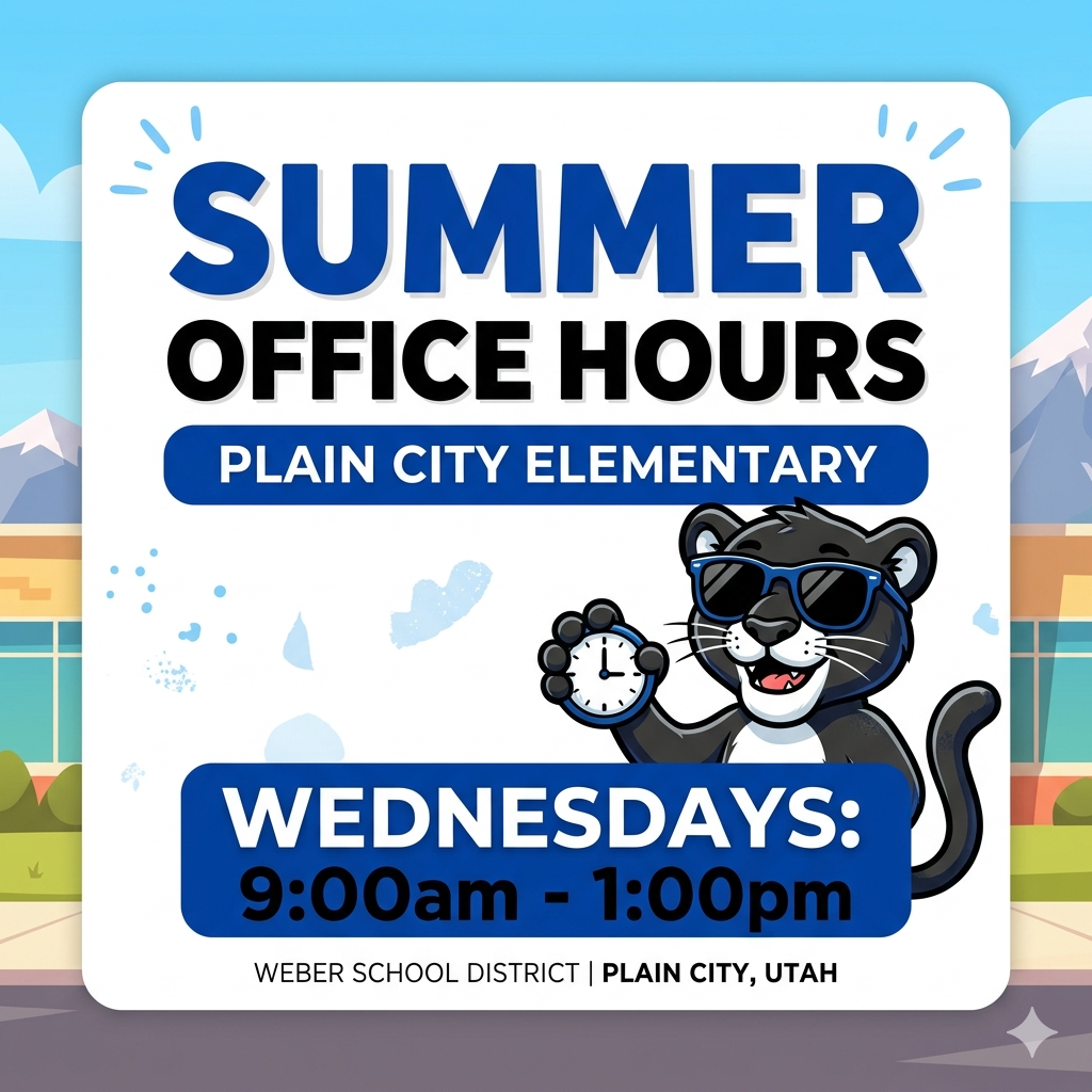 Text and panther image: text- summer office hours-plain city elementary- wednesdays: 9:00-1:00pm-weber school district- plain city utah