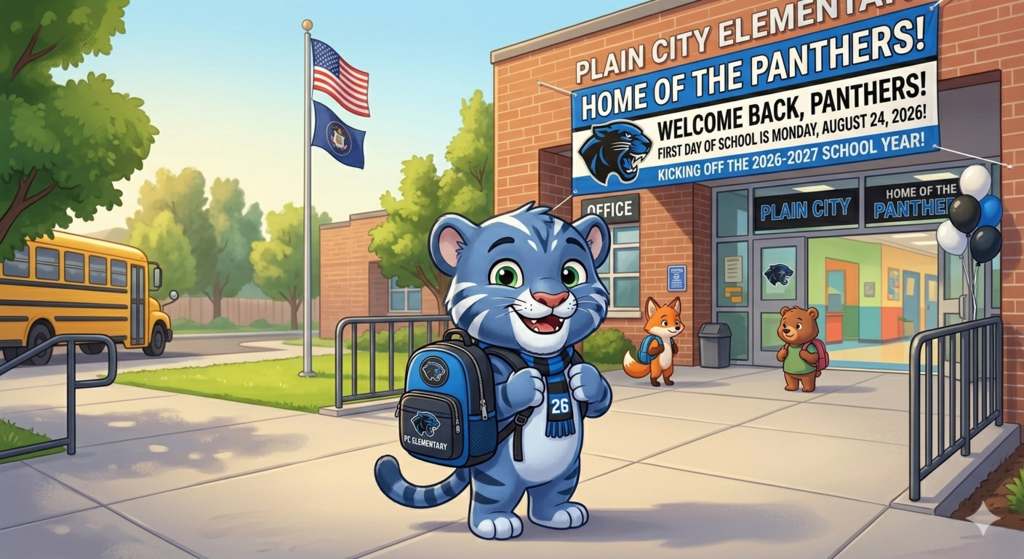 AI created image: little panther with a backpack- sign that read: home of the panthers! Welcome Back, Panthers! First day of school is Monday August 24, 2026, Kicking off the 2026-2027 School Year