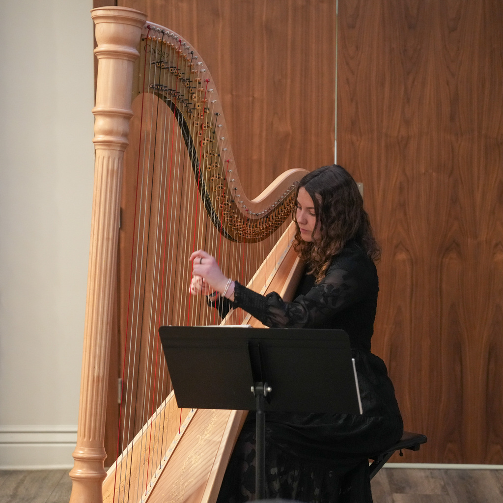 A young woman playing the harp