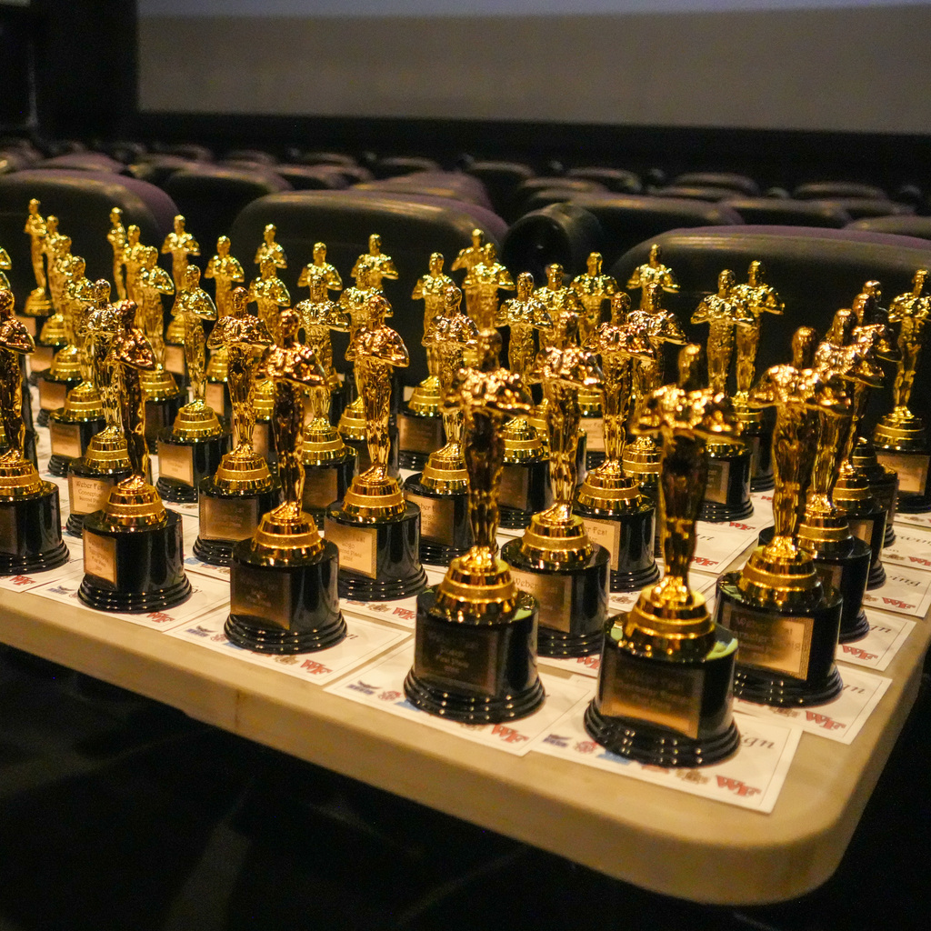 The awards sitting on table in rows