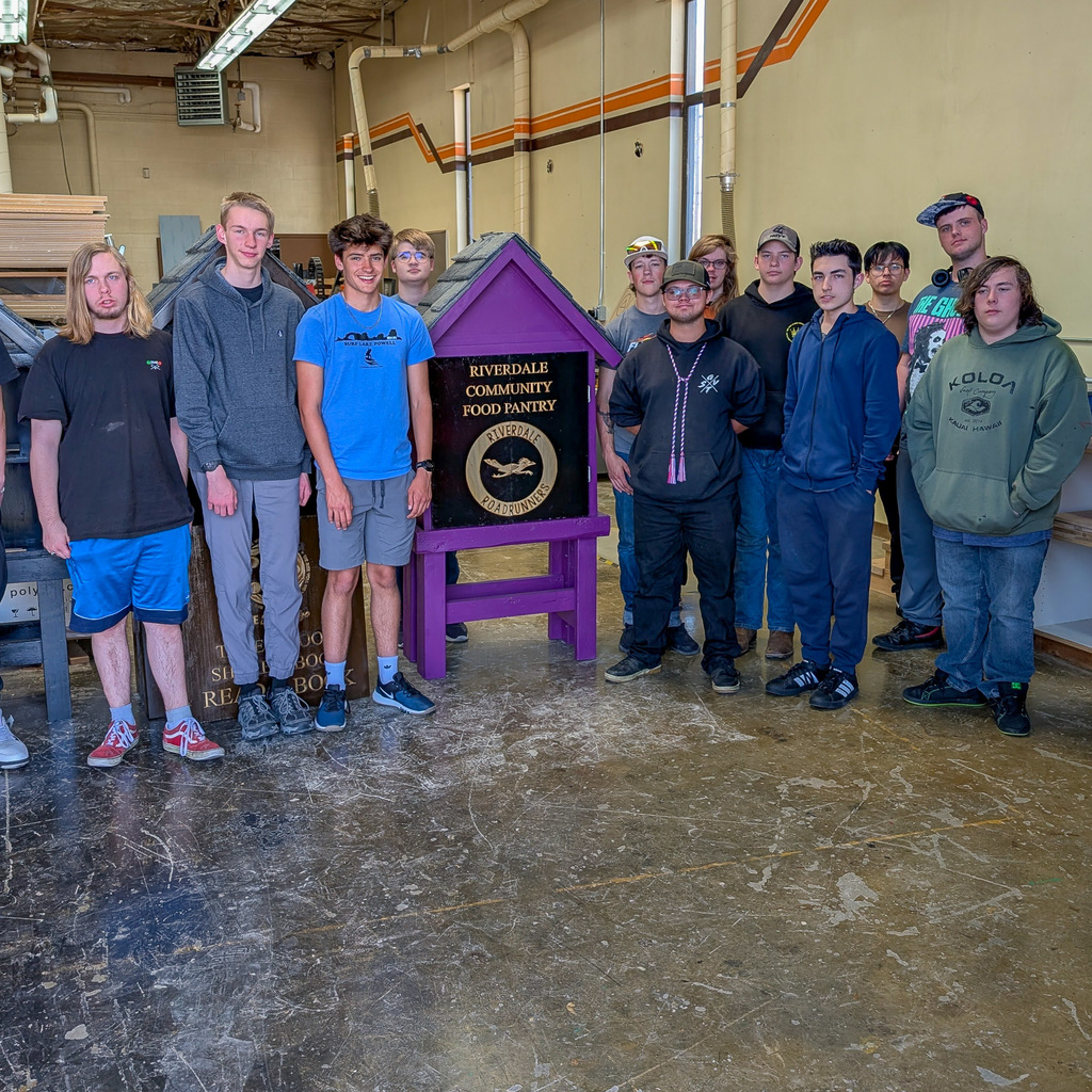 Students are standing next to a completed tiny library