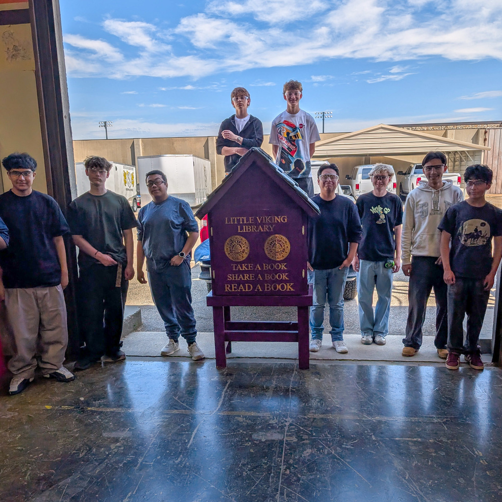 Students are standing next to a completed tiny library