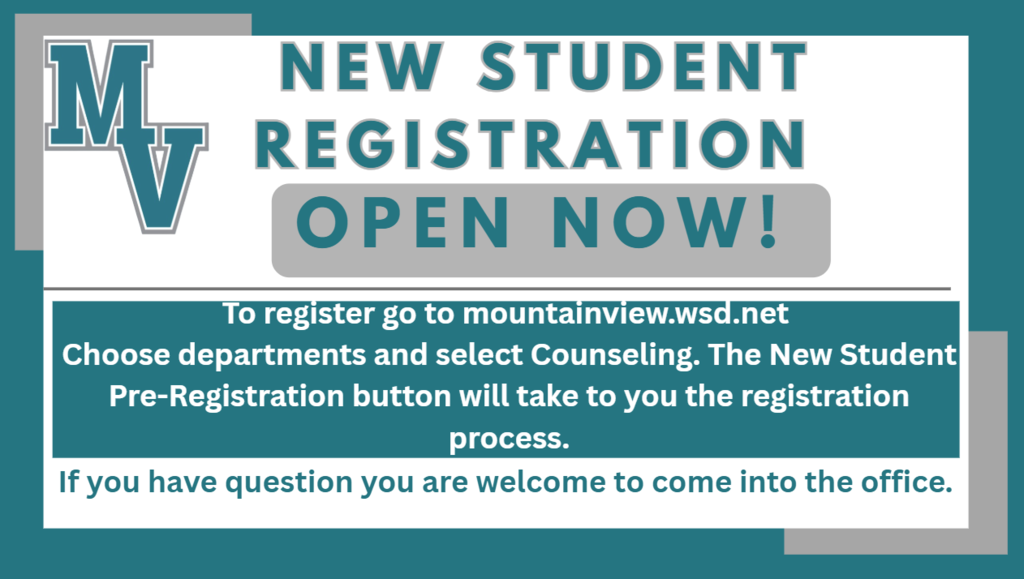 📢 New Student Registration is Now Open! 📢 Will your student be new to Mountain View Junior High this year? Registration is now available online! To register: ✅ Visit mountainview.wsd.net ✅ Select Departments ✅ Click on Counseling ✅ Choose the New Student Pre-Registration button to begin the registration process We look forward to welcoming our newest Mavericks! If you have any questions, please contact the school office for assistance. #MVJH #MountainViewMavericks #NewStudentRegistration #WelcomeMavericks